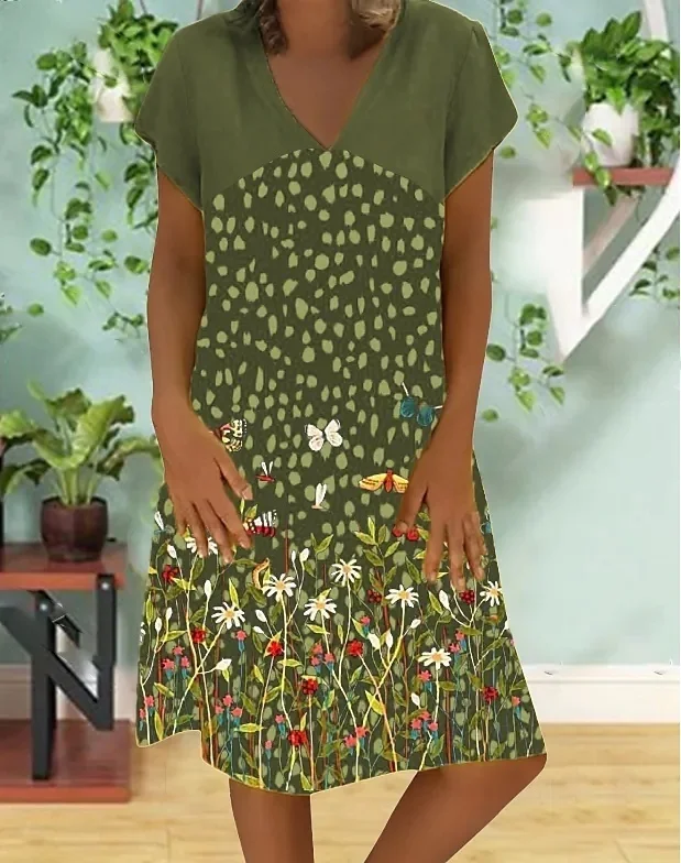 

2023 Women's Flower Printed Casual Dresses V Neck Elegant Female Short Sleeves Knee Length Dress New Design Loosen Dress Summer
