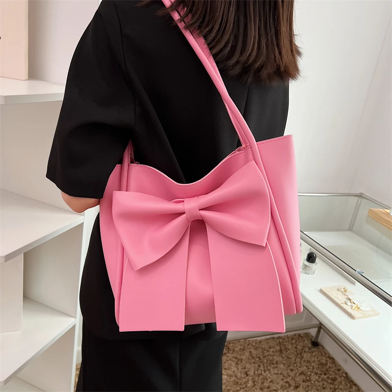 

Simple Solid Large Bow Shoulder Bag Female Designer Brand Pu Handbag For Woman Fashion Casual Soft Leather Women'S Tote Bag