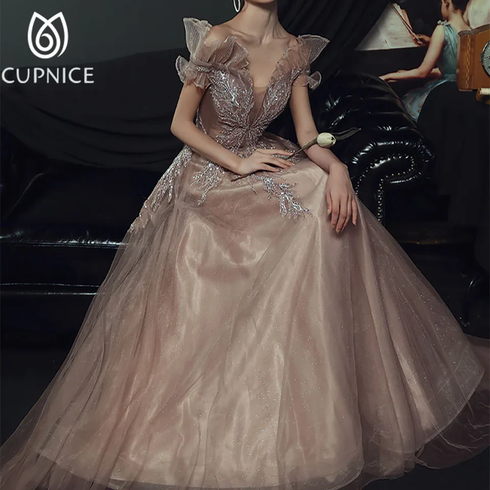 

CUPNICE Short Sleeve Deep V-neck Backless Slim Fit Formal Party Fancy Dress Women Elegant Off Shoulder Bandage Sequins Dress