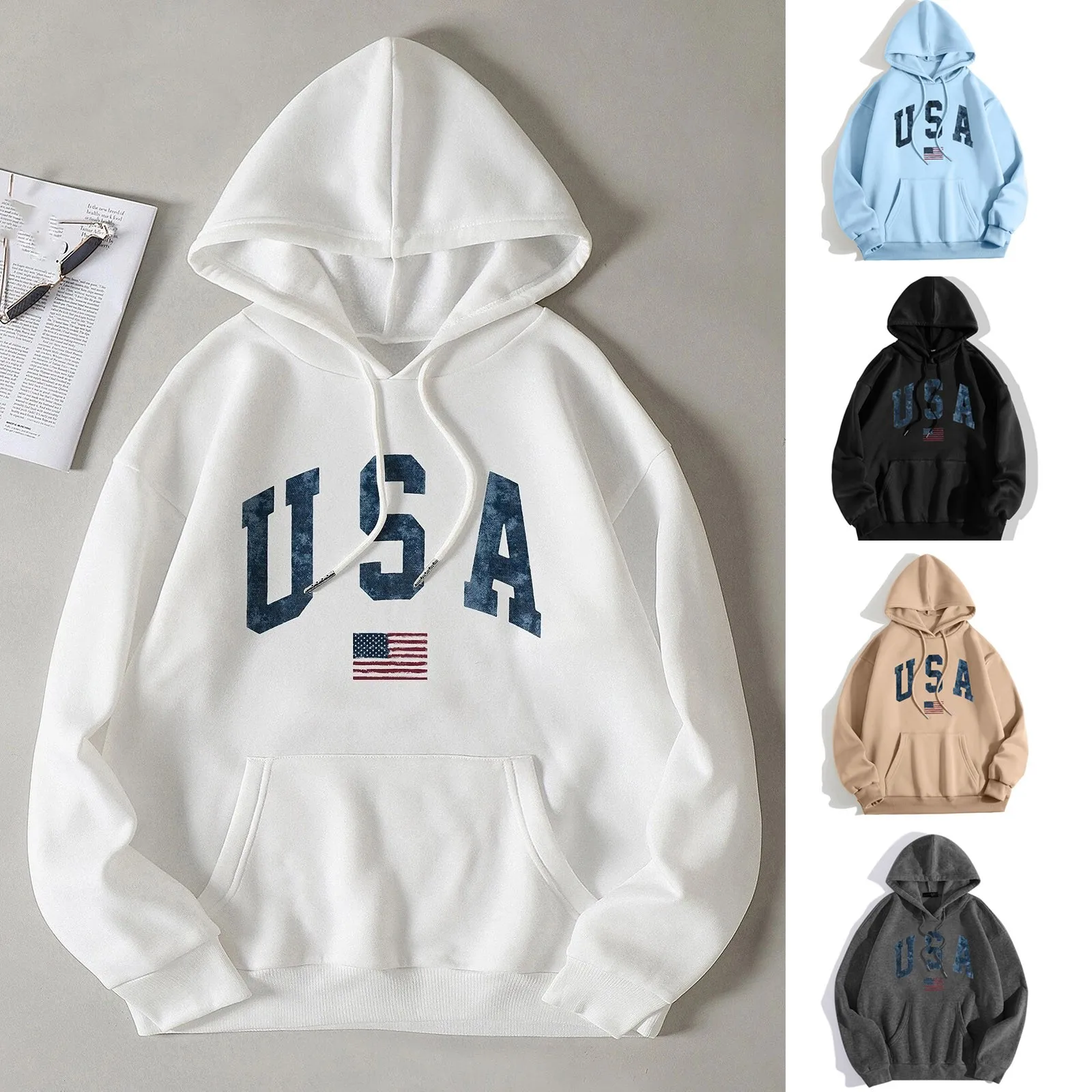 

Graphic Usa Letter Print Oversized Hoodie Y2k Streetwear Pullover Autumn Solid Color Pockets Casual Sweatshirt Sudaderas Mujer