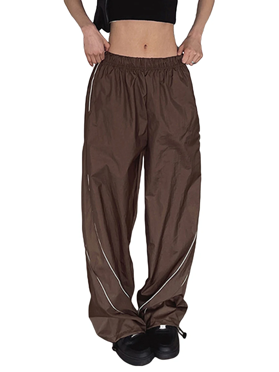 Mubineo Pantalones holgados vintage para mujer pantalones elásticos de cintura alta línea de contraste pierna ancha