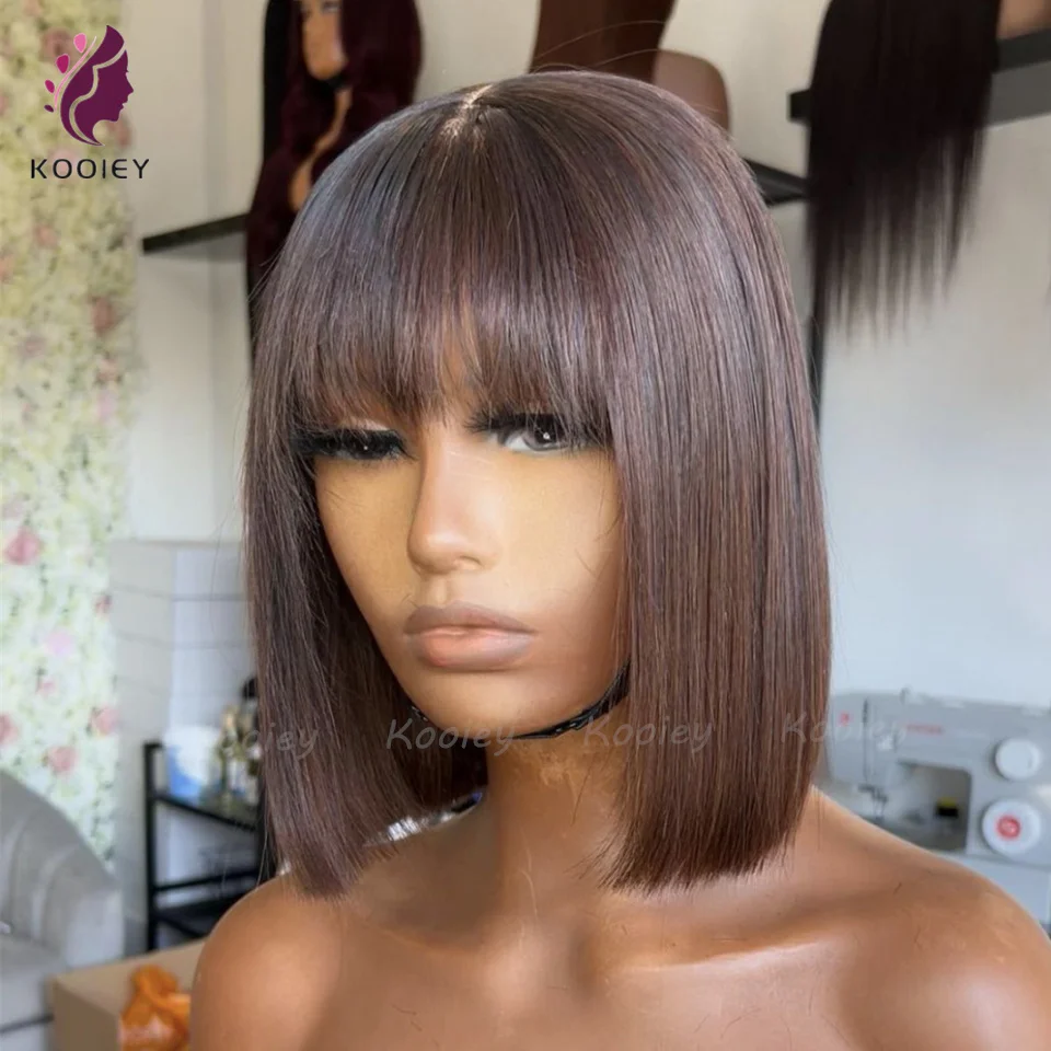 Парик с прозрачной кружевной короткой челкой из шелка 5x5 верхней частью головы