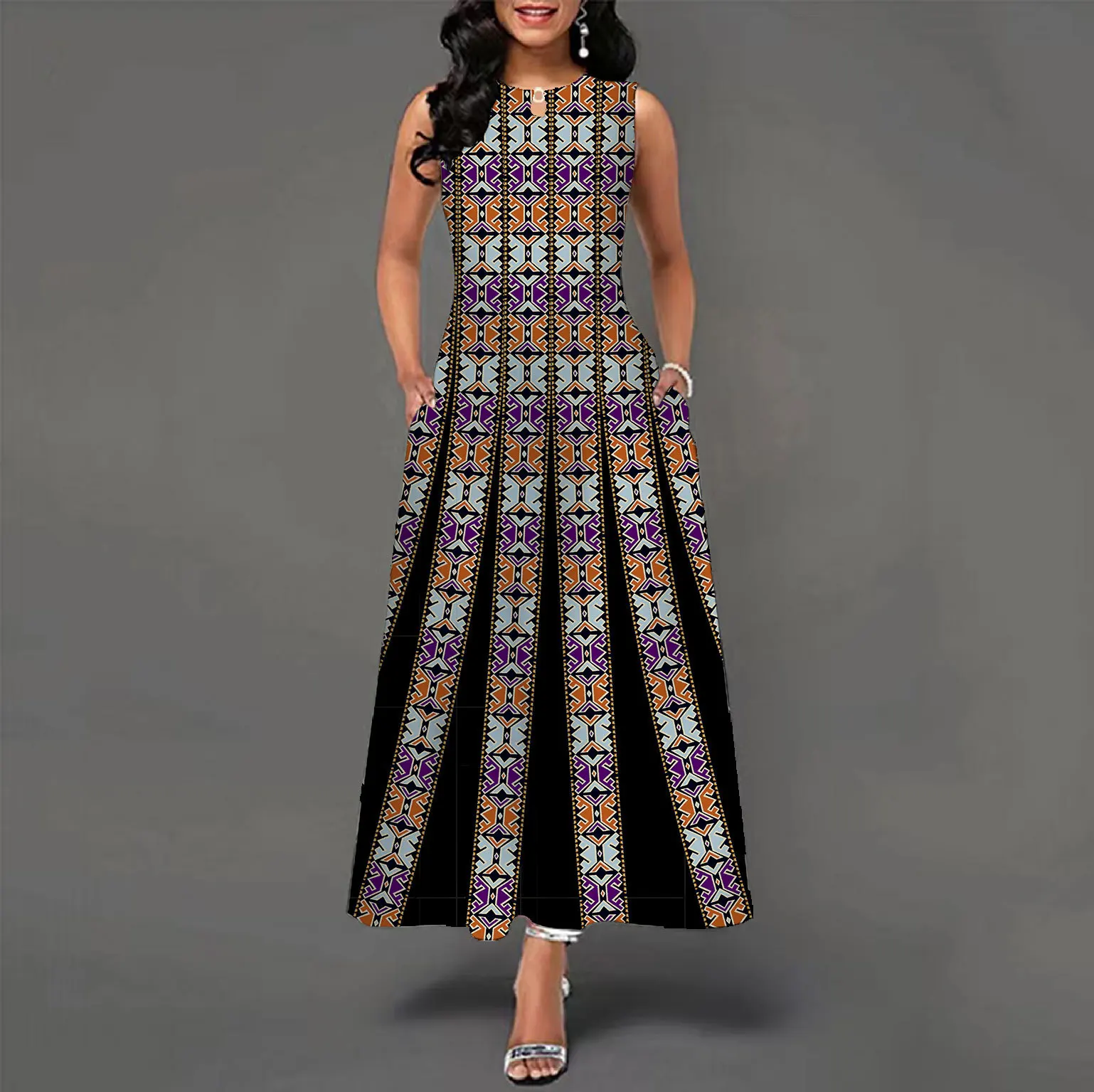

Женское длинное платье в богемном стиле, облегающее платье макси с принтом перьев и большим подолом без рукавов, 2023