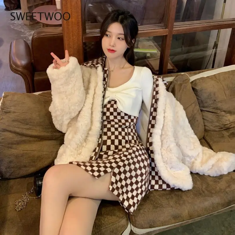 Fake Two Vintage Plaid Patchwork Design Padded Padded Padded Coat Coats Faux Fur Jacket Luxury Parkas Wedding Ins 2022 New Tide