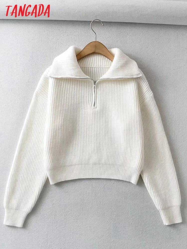 

Tangada Women 2022 Winter Turn Down Collar Loose Crop Knitted Sweater Long Sleeve Female Pullovers 2T24