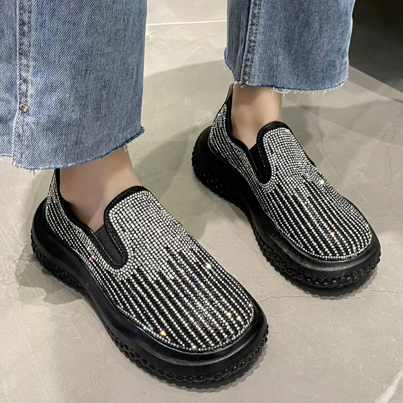 

Rimocy Shining Crystal Flats Shoes Women 2022 Spring Thick Bottom Platform Loafers Woman Round Toe Slip on Casual Shoes Female