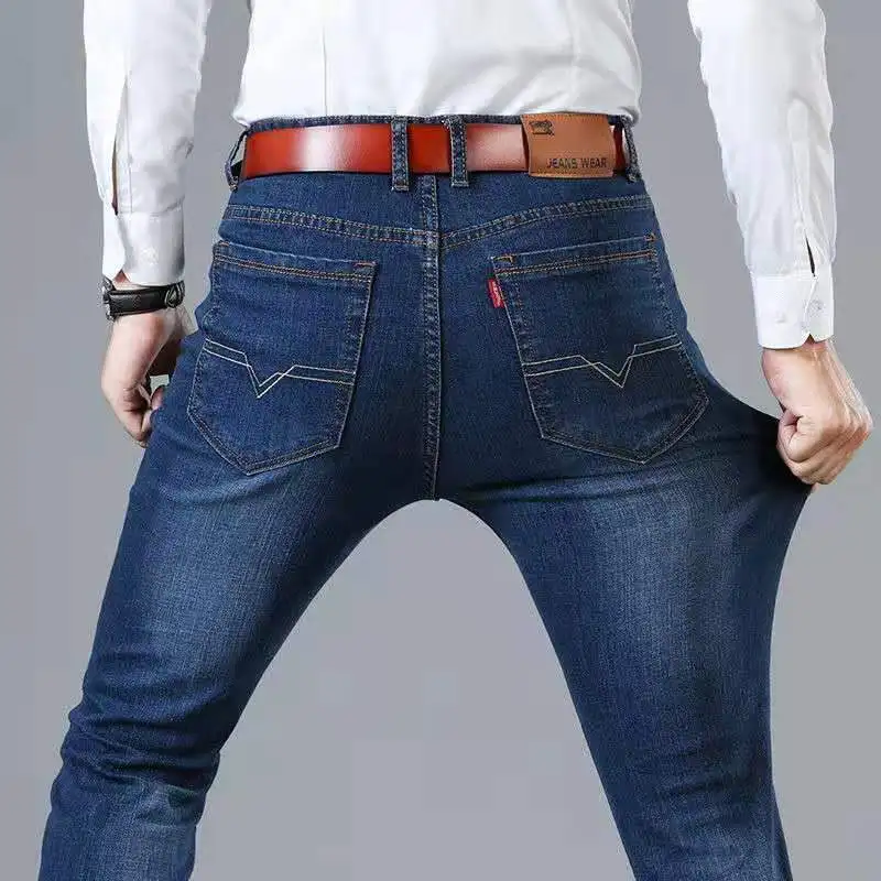 

Осенние темно-синие Стрейчевые мужские повседневные брюки, мужские маленькие джинсы, мужские прямые брюки, облегающие прямые мешковатые джинсы с прямыми штанинами