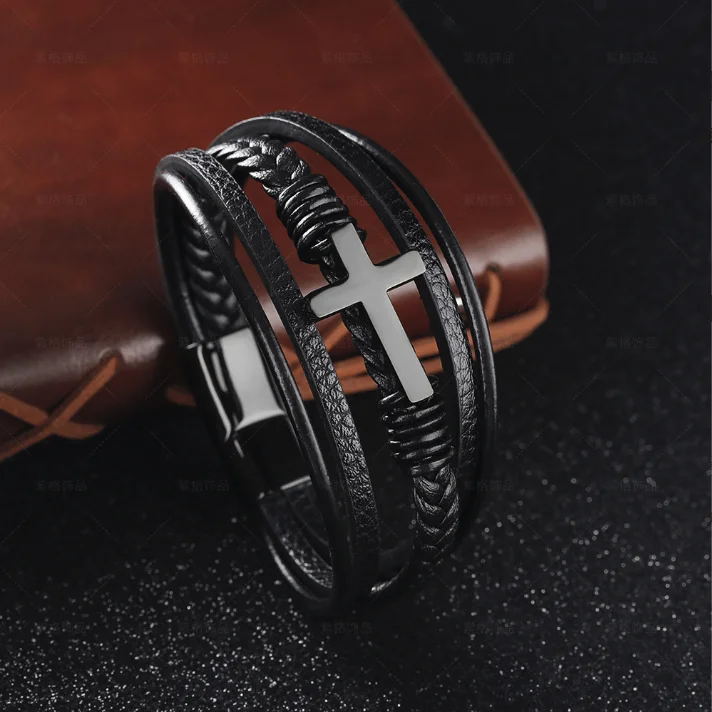 

Trendy Braided Woven Cross Design Classical Genuin Leather Stanless Steel Bracelet for Men Bangle Gift Magnet Clasp