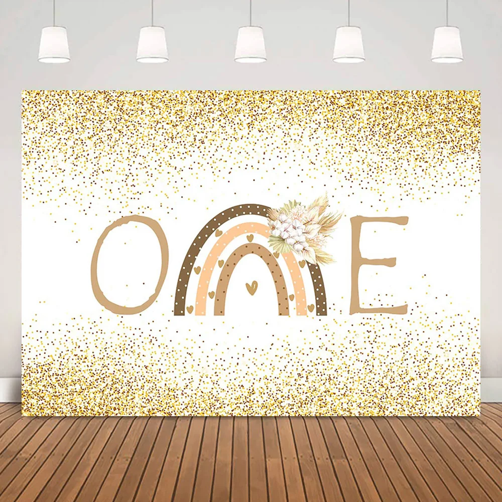 Boho Onederful Background Newborn Kids 1st Birthday Backdrop Gold Glitter Shining Dots Pampas Grass Photography Decor Supplies