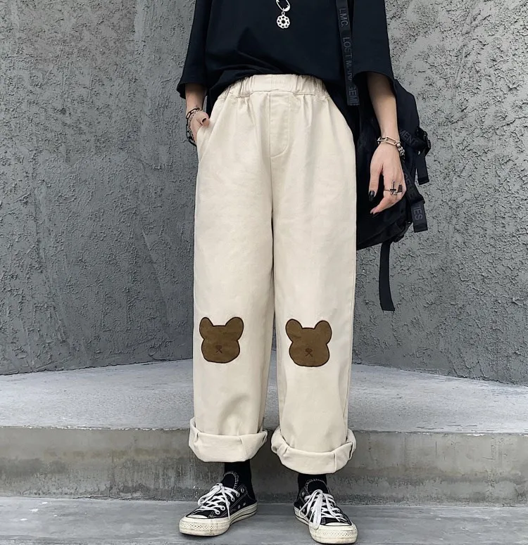 

Elastic High Waist Cute Kawaii Embroidery Cartoon Soft Lolita Bear Graphic Loose Pant Teenager Student College Girl Trouser Kpop