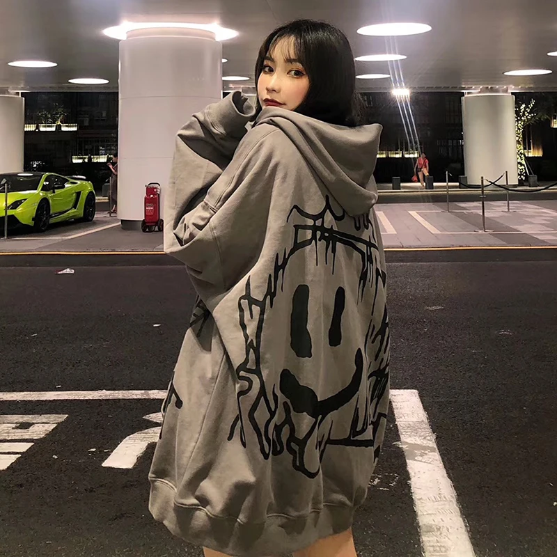 Deeptown Gothic Hoodie Women Korean Anime Print Long Sleeve Zip Up Tracksuit Cotton Streetwear Oversized Hip Hop Coat Grunge