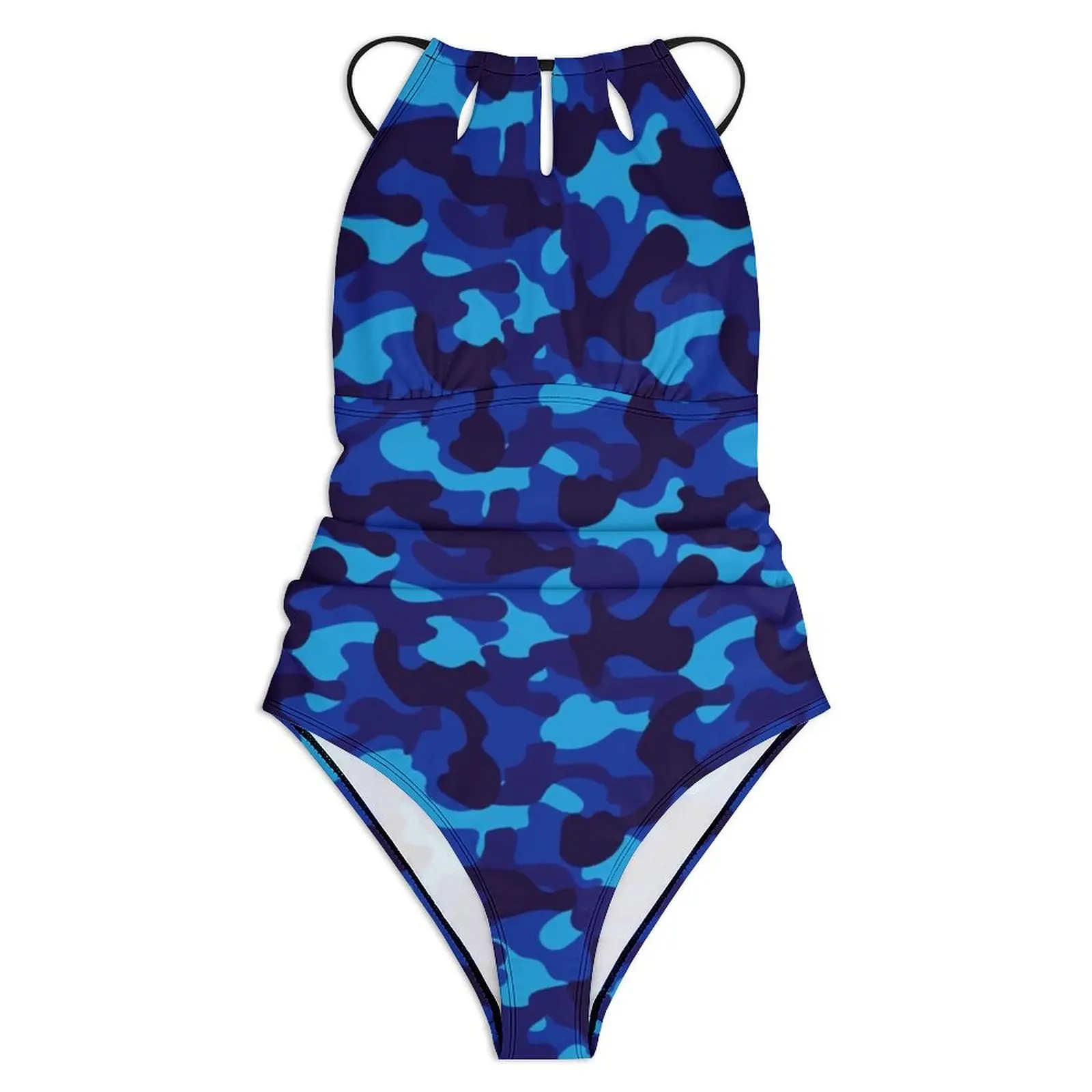 Синий камуфляжный купальник с принтом армейский эффектом пуш-ап цельный