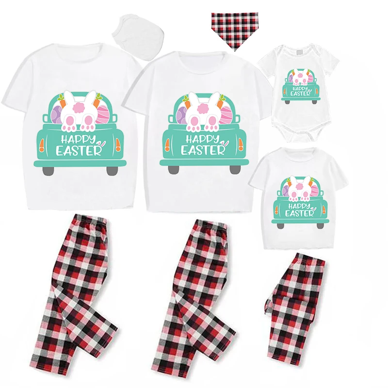 Easter Family Matching Pajamas Exclusive Design Happy Easter Bunny Car White Pajamas Set