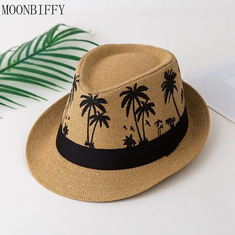 

Соломенная Солнцезащитная шапка с пальмами, джазовая шляпа с защитой от солнца, в винтажном стиле, унисекс, с короткими полями, дышащая, для пляжа, летняя кепка для мужчин