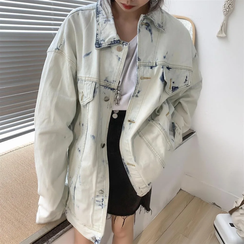 

Light White Tie Dyed Denim Jacket Women's Spring And Autumn Ins Korean Loose Retro Jacket Fried Street Port Style Cowboy Coat