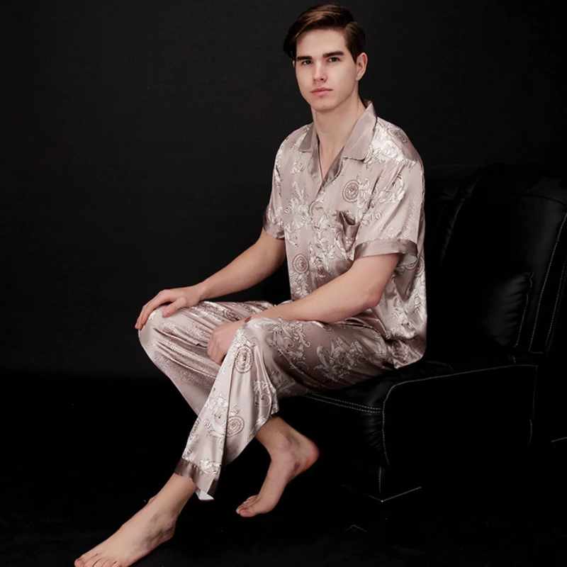 021 Autumn Summer Loungewear Short Sleeves Long Pants Pajama Set Men Printed Satin Silk Pyjamas Male Pajamas Pijama Sleepwear