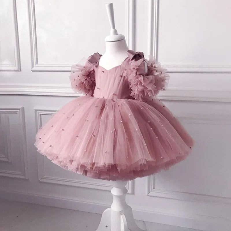 Summer Dress 1 Year Flower Girl Pink Puffy Kid Tutu Christening Princess Vestido Toddler Birthday Children Baptism Baby Clothes