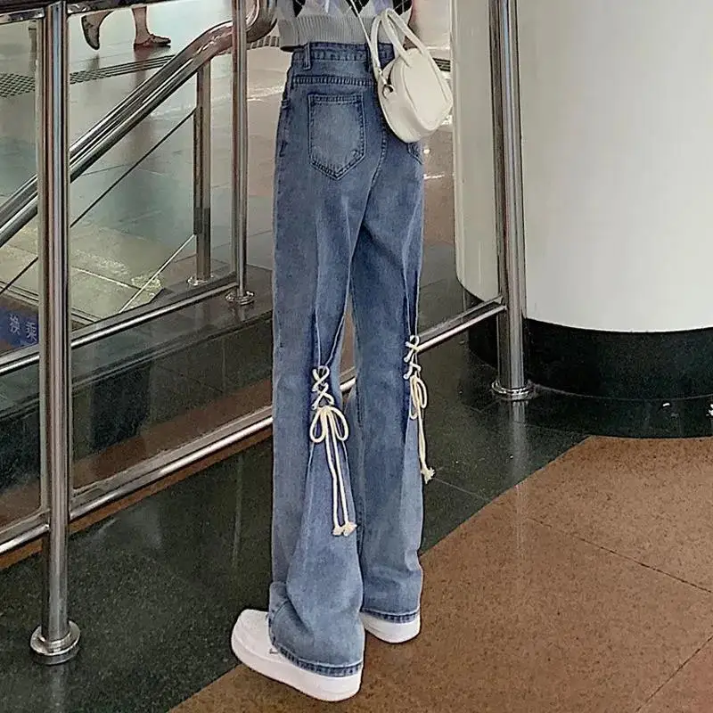 

Женские джинсы с высокой талией, прямые свободные брюки-клеш с бантом сзади, модель E156 большого размера на весну-осень