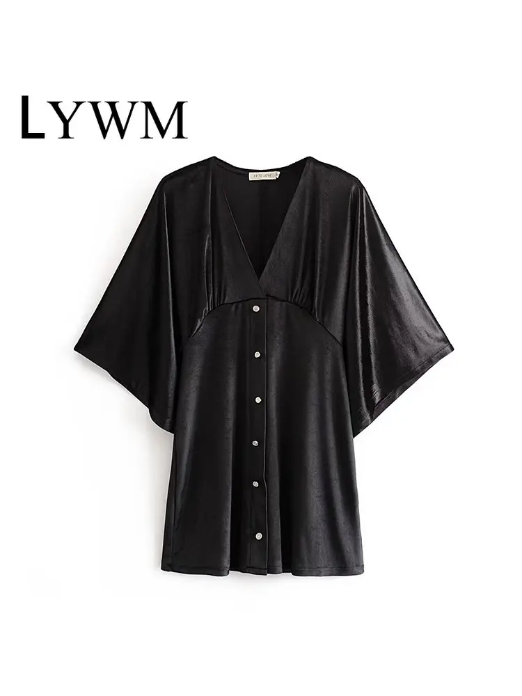 

Женское модное однотонное мини-платье LYWM, винтажные однобортные женские шикарные платья с V-образным вырезом и коротким рукавом