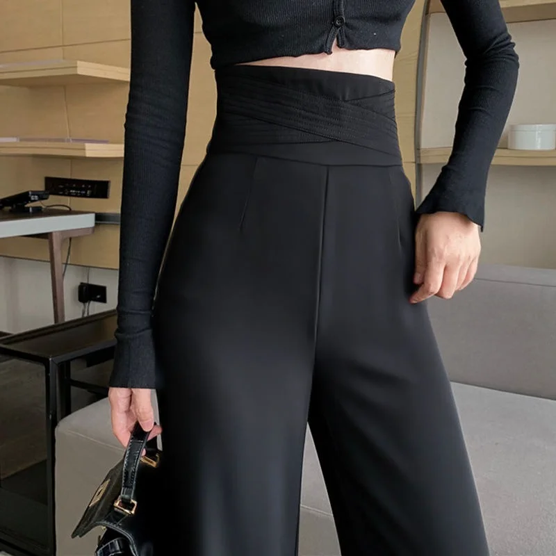 

Summer Women's Suit Pants Sexy Straight Pants Women's Streamlined Black Ice Silk High Waist Korean Fashion Elegant Casual Pants