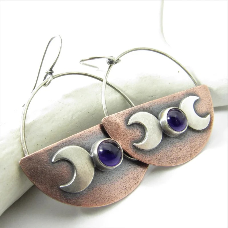 

Fashion Vintage Crescent Moon Earrings Semicircle Metal Sculpture Symmetrical Purple Stone Dangle Earrings Handmade Boho Jewelry