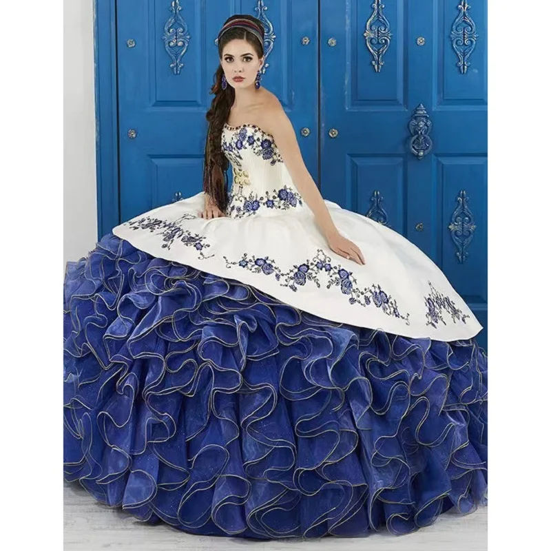 

Ruffles Quinceanera Dresses 2022 Satin Floral Appliques Strapless Embroidery Ruffy Princess Gown Birthday Party Prom Dress