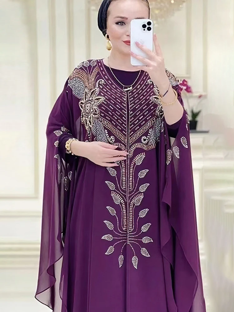 Chiffon Boubou Muslim Fashion Abaya 2 PCS Set Dubai Turkey Maxi Dress Musulman Ensembles Caftan Marocain Islamic Clothing