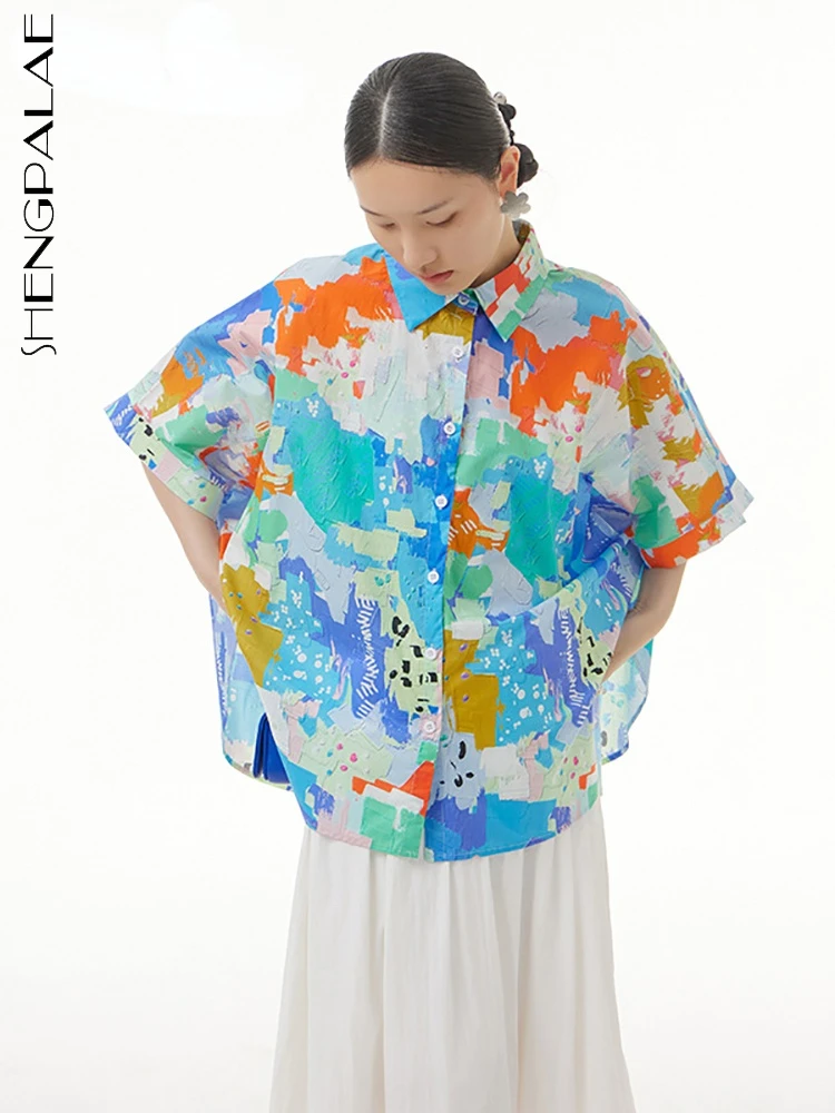 

SHENGPALAE рубашка с рукавами «летучая мышь» и принтом контрастного цвета, свободная, модная, повседневная, с отложным воротником, новая, простая...