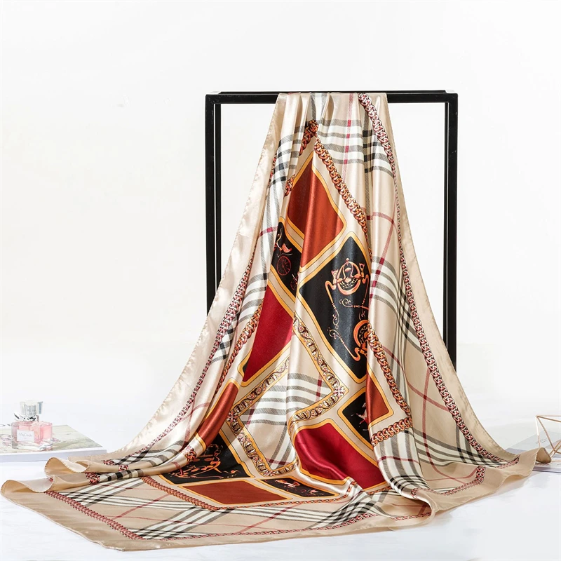 

Large Hijab Scarves For Women Fashion Print Silk Satin Scarf Female 90cmx90cm Luxury Brand Square Shawls Head Scarfs For Ladies