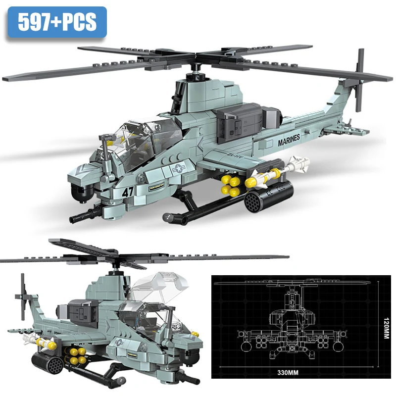 

Military Equipment 597pcs AH-1Z Viper Helicopters Model Building Blocks MOC Aircraft With Solider Weapon Bricks Toy For Children
