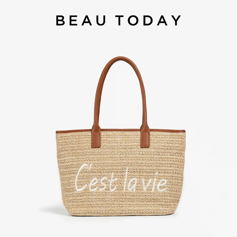 BEAUTODAY Large Hanbag Women Straw Bags Solid Color Letter Decoration Outdoor Vacation Beach Bucket Bag 2023 Casual Tote  62062