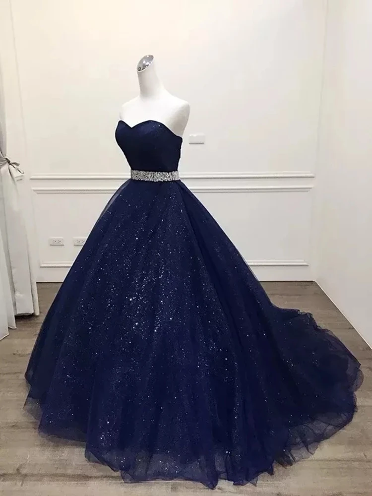 

ANGELSBRIDEP Navy Blue Sweetheart Quinceanera Dresses 15 Years Glitter Tulle Beading Sash Sweet 16 Debutante Birthday Party Gown