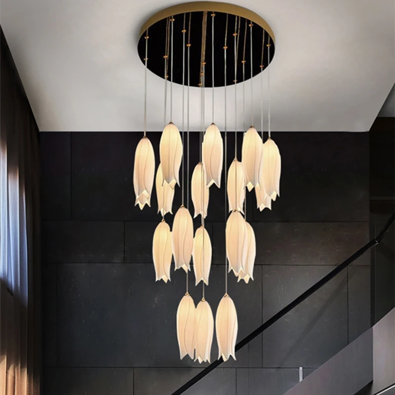 

Ceramic Tulip Chandelier Staircase Led Pendant Lamp Villa Bedroom Bedside Restaurant Hotel Duplex Building Multi Hanging Lights