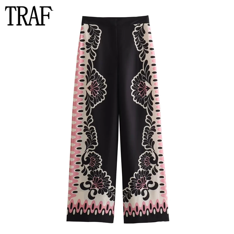 

TRAF Print Wide Leg Pants for Women Floral Satin Baggy Pants Woman Boho High Waist Trousers Womens Summer Casual Women's Pants