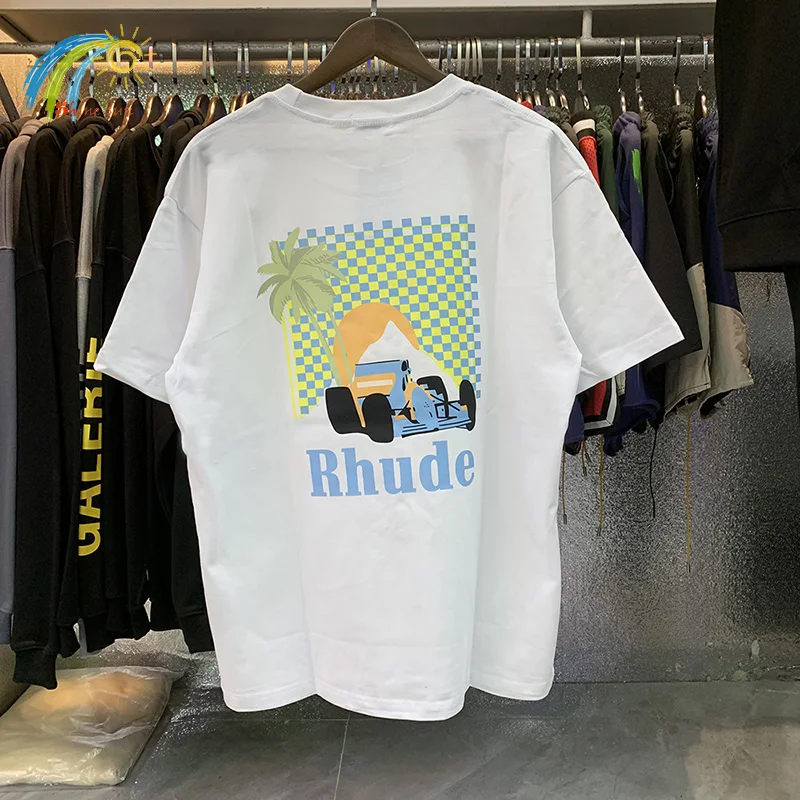 

Moonlight Tropics RHUDE T Shirt Men Women Oversized Casual Coconut Racing Print Rhude Tee Top Apricot Black White With Tag