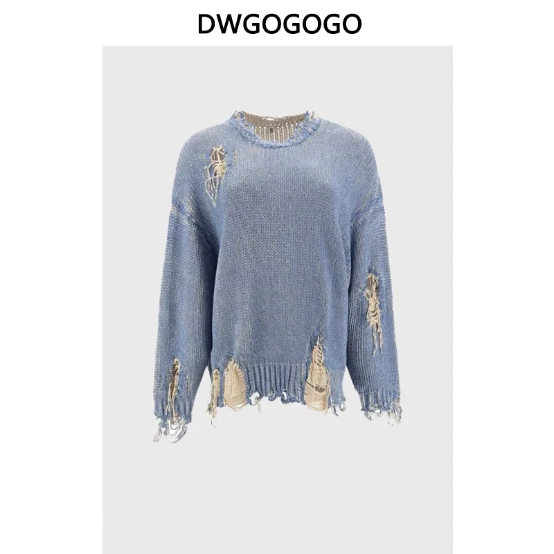 

Autumn New Fashion Ripped Sweater Women Vintage Knitted Female Jumper Y2k Casual Street Style Top