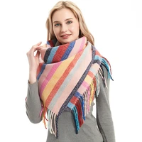 chenkio super soft luxurious cashmere feel womens winter rainbow striped scarf luxury female scarf wrap lady tassel shawl wraps
