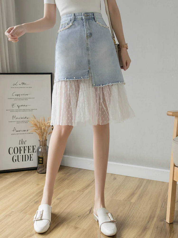 

LY VAREY LIN New Spring Summer Women Fashion Lace Gauze Patchwork Denim Skirts Lady Casual Slim High Waist A-line Skirts