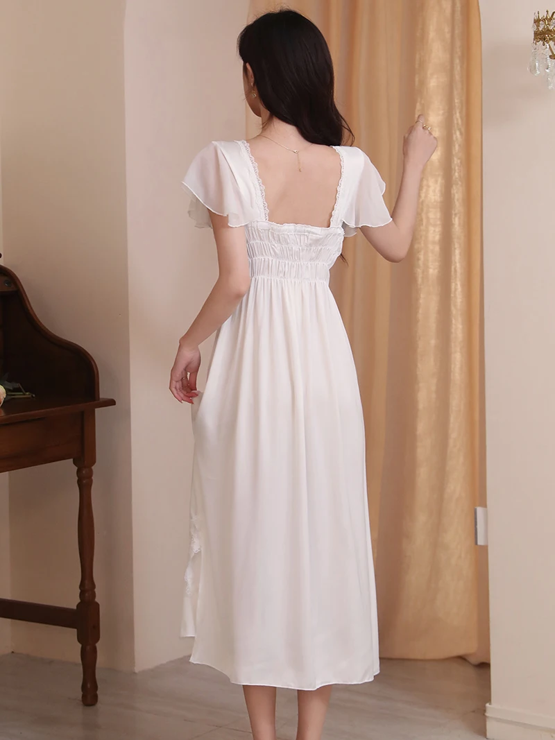 Women Summer Nighty Victorian Nightgowns Short Sleeve Mesh Ruffles V-Neck Backless Sexy Lace Silk Princess Pajamas Sleepwear