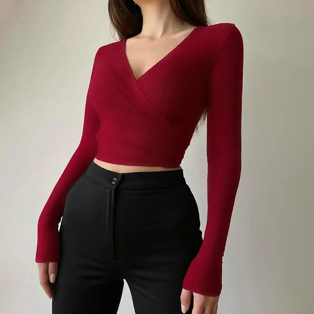 

Deep V Neck Long Sleeves Navel Exposed Solid Color Bottoming Blouse Women Autumn Cross Wrap Bandage Cropped Top Elegant Shirt