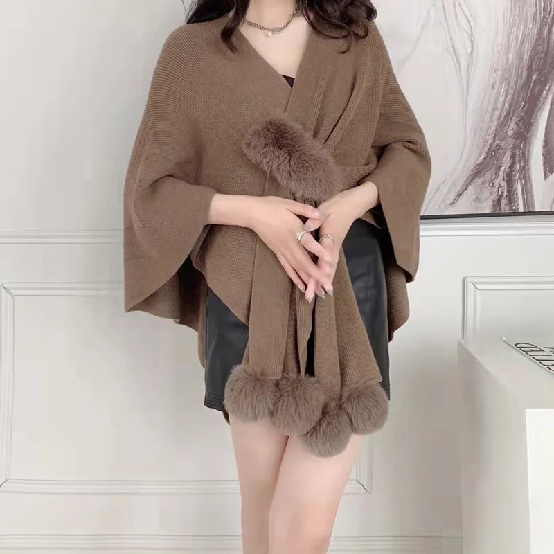 

Women Shawl Cape Coat Irregular Kintting Cloak Sweater Lady Loose Pullovers Fur Ball Shrug Autumn Winter Oversized Warm Pancho