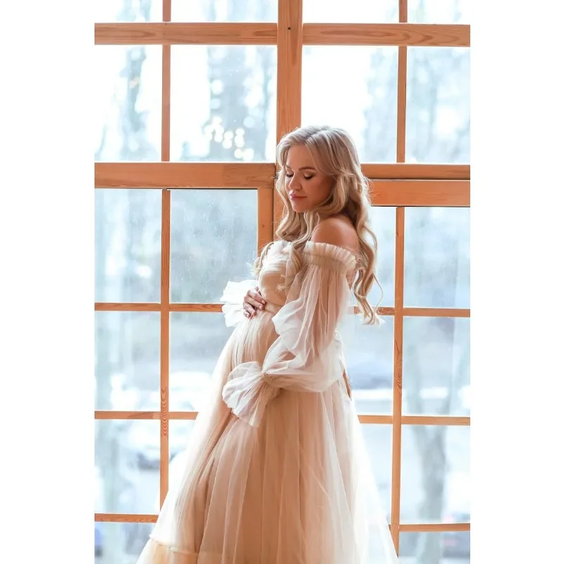 Бежевое платье для будущей матери бежевое Тюлевое в стиле бохо принцессы мамы