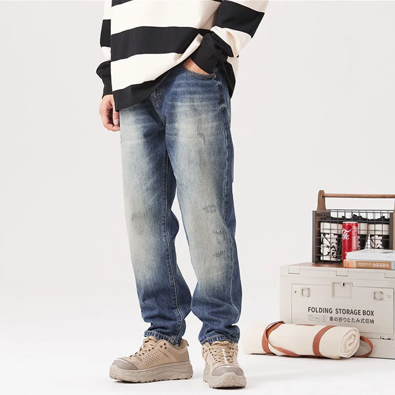 Men Clothing New Pattern Recreational Vintage Nostalgia Large Blue Jeans Straight Cylinder Loose Street Trousers Autumn Female