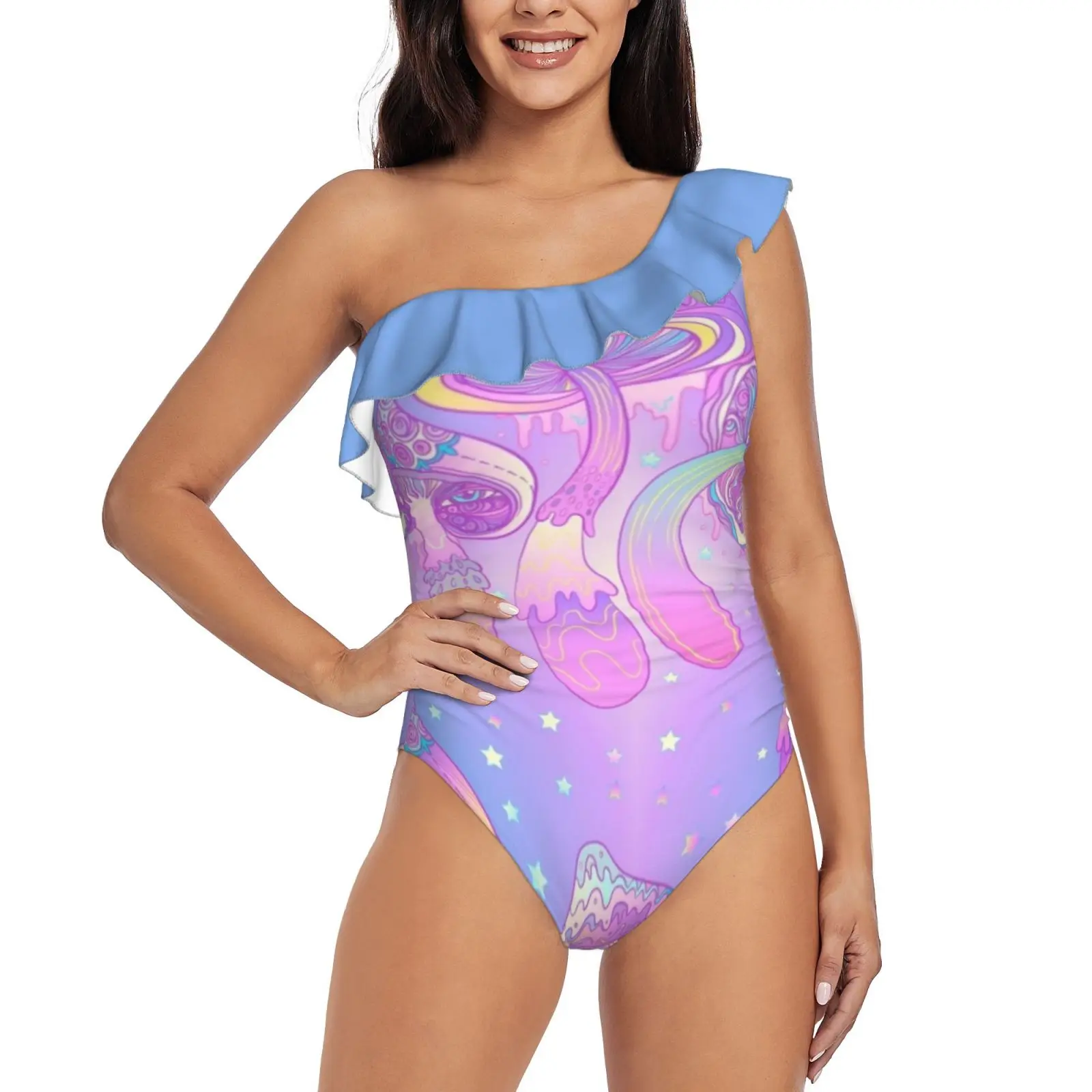 Magic Mushrooms Pattern One Piece Swimwear One Shoulder Ruffle Swimsuit Women Backless Bathing Suit Pastel Goth Magic Mushroom