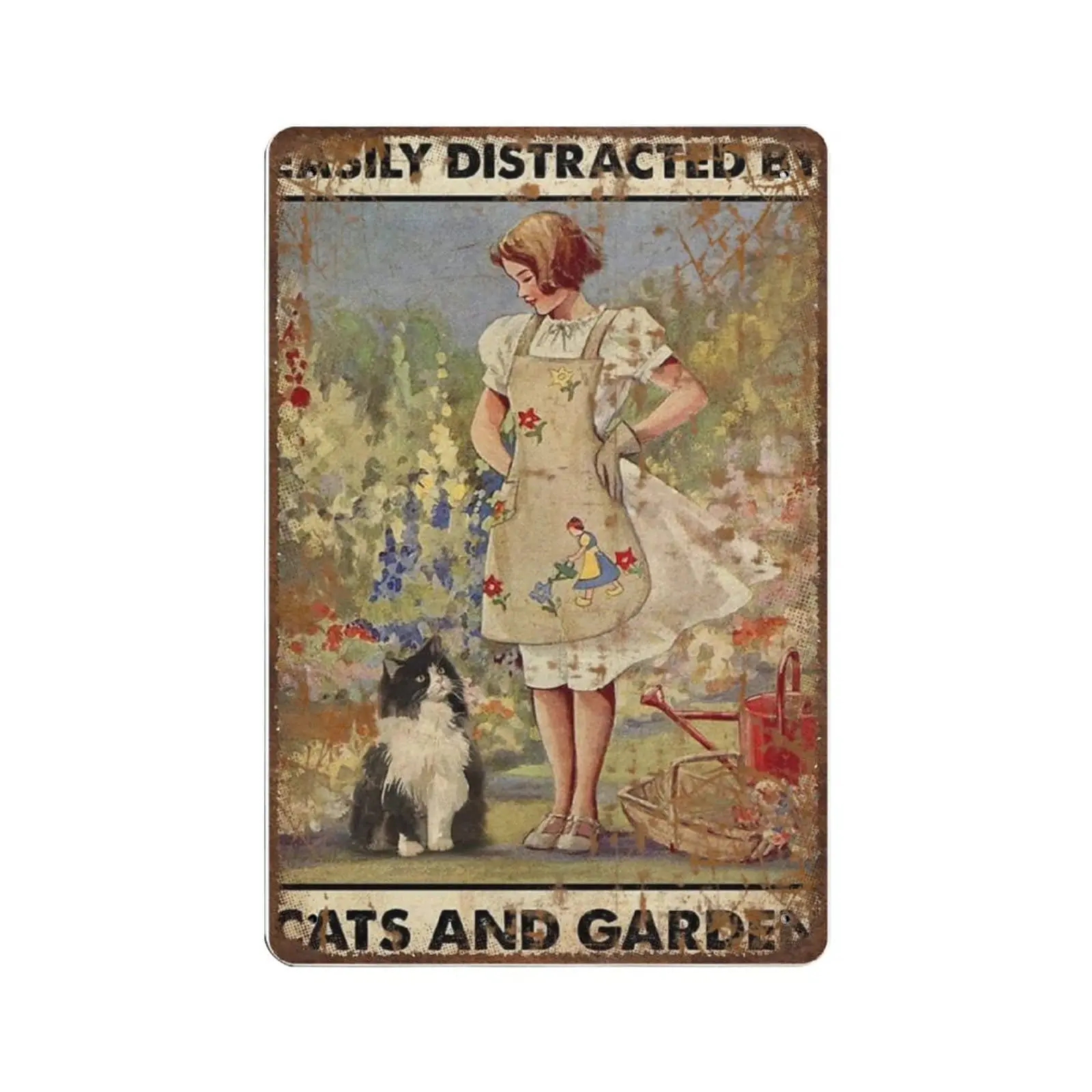 

Antique Durable Thick Metal Sign,Cat in The Garden Easily Distracted by Cats and Garden Metal Tin Sign,Vintage Wall Decor，Novelt