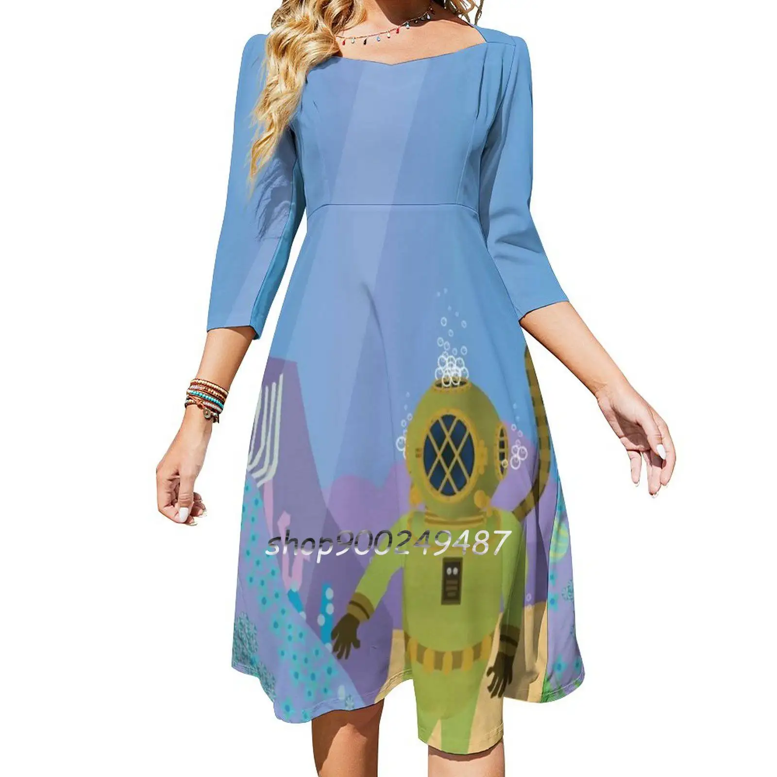 

Hidden Treasure Of The Deep Square Neck Dress New Plus Size Elegant Women Waist Tight Dress Scuba Coral Colour Life Light Reef