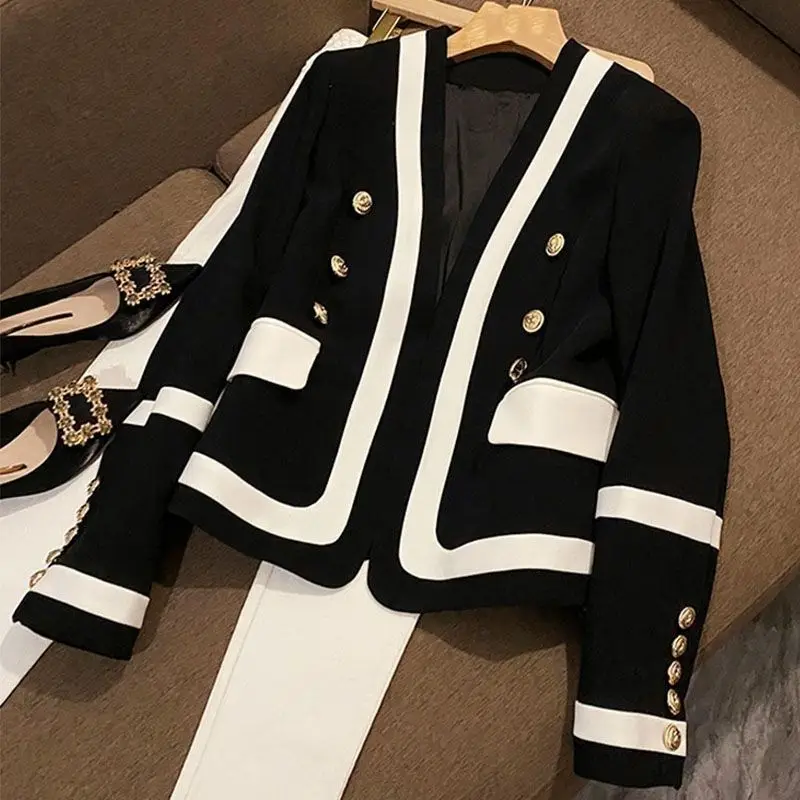 black and white color contrast suit women's early autumn new high grade light luxury metal breasted  small fragrant coat