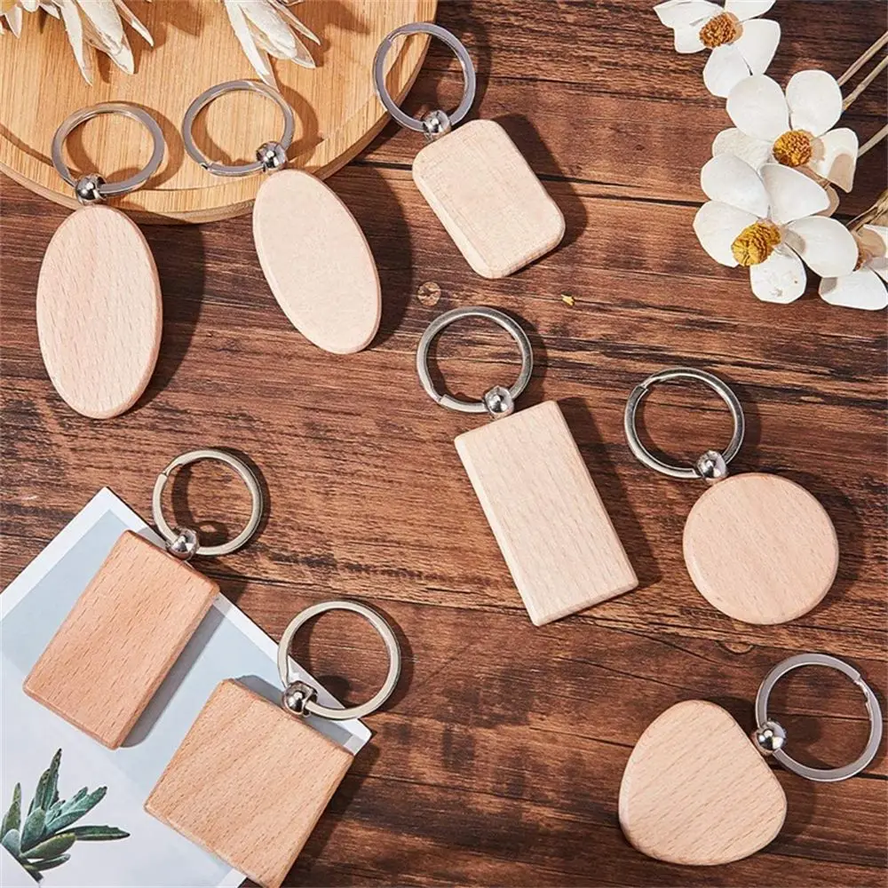 

Blank Natural Wood Keychain For Men Women Engraving Geometric Round Rectangle Heart Wooden Car Key Ring DIY Pendant Accessories