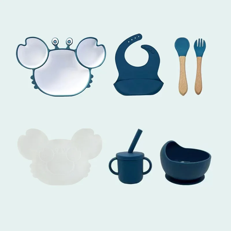 

Baby Dish Baby Bowls Plates and Spoons Set Crab Kawaii Dishes Food Silicone Feeding Bowl Non-Slip Babies Tableware Kids Stuff