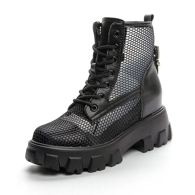 

Genuine Leather Women Boots Summer Shoes 8cm Platform Wedge Heel Air Mesh Hollow Punk Motorcycle Ankle Boots Booties